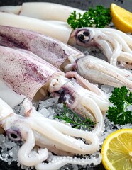 Fresh squid on ice with lemon and herbs