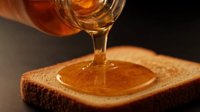 Close up of delicious honey being poured onto a slice of toast bread