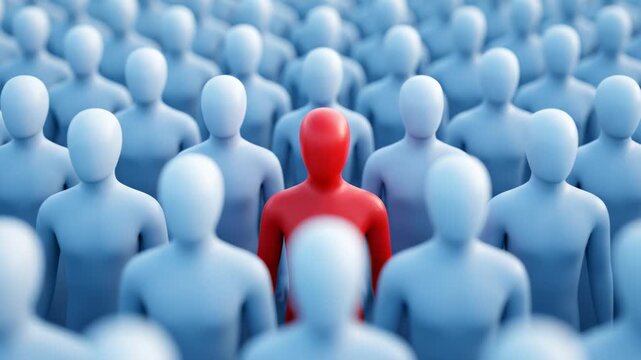 One red figure standing out in a crowd of identical blue people. 3D animation zooming in on a unique individual. Concept of leadership and individuality