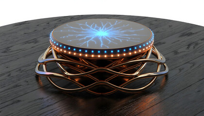Obraz premium A futuristic glowing blue and orange circular object on a wooden table top with intricate design