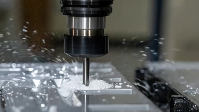 A precision cutting tool carving into metal with flying debris