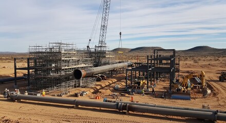 Remote Desert Industrial Plant Construction, Steel Structures, Pipelines and Cranes Assembling Energy Infrastructure Across Vast Arid Landscape Under Wide Sky


