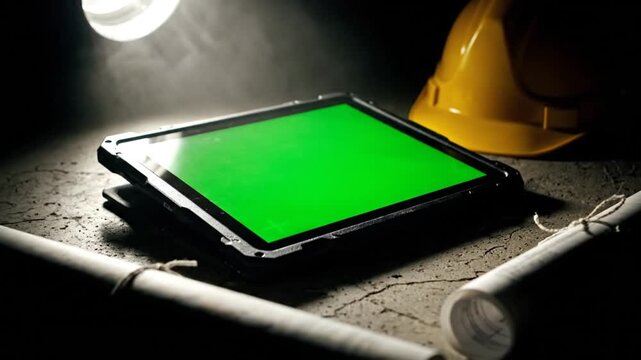 Construction Planning Green Screen Tablet with Hard Hat, and Blueprints in Spotlight.