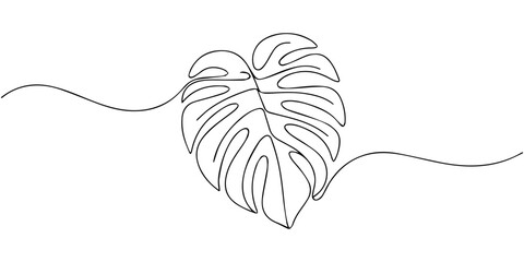 Elegant Monstera Deliciosa Leaf Drawn in a Single Continuous, Unbroken Line, Continuous one line drawing of three monstera deliciosa leaves. minimalist tropical foliage art. elegant botanical vector © Parboti