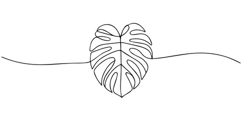 Elegant Monstera Deliciosa Leaf Drawn in a Single Continuous, Unbroken Line, Continuous one line drawing of three monstera deliciosa leaves. minimalist tropical foliage art. elegant botanical vector © Parboti