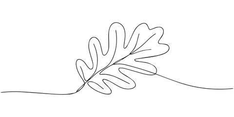 Continuous Line Oak Leaf Drawing, Minimalist continuous line drawing of a single oak leaf with a stem and a curved line representing the ground or a branch evoking nature and simplicity © Parboti