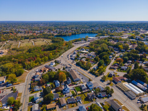 Aerial view of residential area in fall in historic city center of Cranston, Rhode Island RI, USA. 