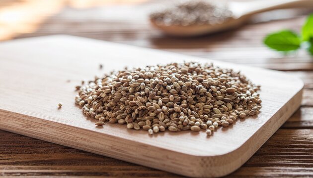 Pile of dried coriander seeds on a light wood cutting board with warm sunlight and blurred kitchen background.
