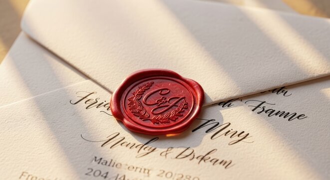 A red wax seal with initials 'CG' on a white envelope with handwritten text, placed on a wooden surface with sunlight filtering through.