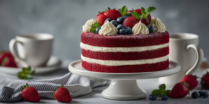 red velvet cake, naked cake, layer cake, cream cheese frosting, strawberries, blueberries, fresh berries, berry cake, white frosting, drip cake, celebration cake, birthday cake, wedding cake, cake sta