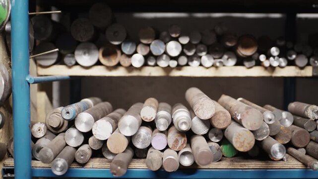 Industrial metalworking shop featuring storage racks of raw steel pipes, solid rods, and precision measurement tools.