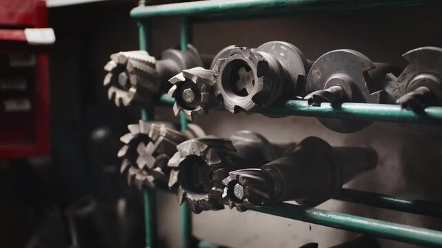 Detailed view of sharp, used steel milling cutters and end mills organized on a metal shelf in a machine shop.