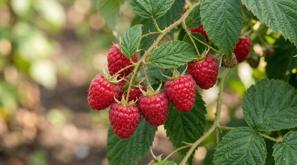 Raspberry branch with ripe berries and green leaves on light green summer background, fresh organic fruit, natural minimal composition with copy space