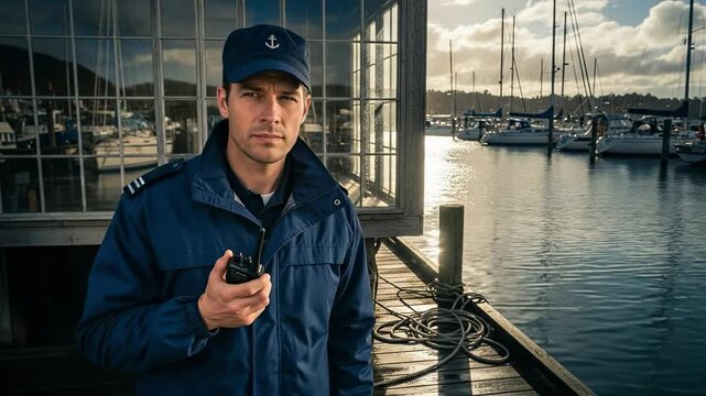 Professional maritime security officer using radio at sunset marina harbor