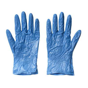 Pair of blue nitrile gloves used for evidence on white background