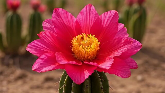 Close up of a vibrant hot pink cactus flower with yellow center