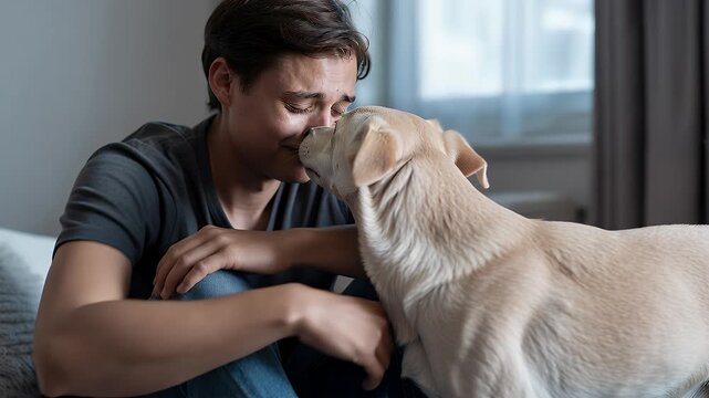 Loyal dog providing emotional support and comfort to a sad, depressed young man holding his legs while sitting on the floor