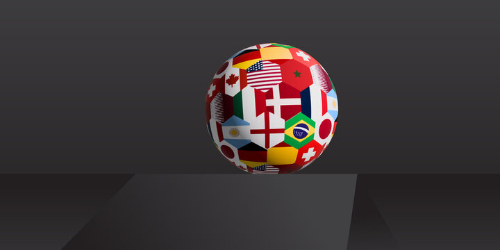A globe adorned with various national flags displayed in a modern digital setting