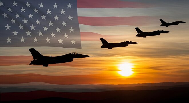 A striking formation of military fighter jets in silhouette against a breathtaking sunset, symbolizing national pride, freedom, and the unwavering strength of the United States air force, with a trans