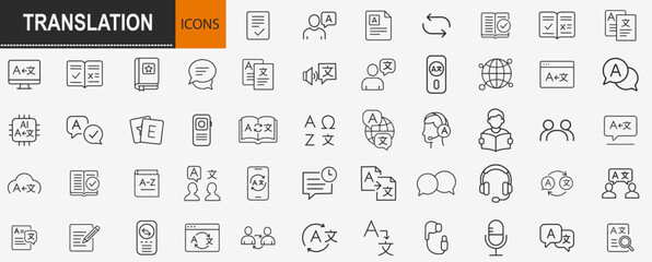 Translation and multilingual communication icons set, outline symbols for language education dictionary speech interpreting and global conversation vector illustration © RayZing  