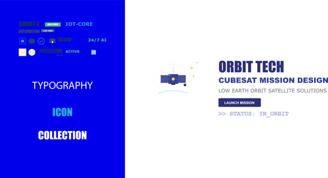 Modern Cubesat Satellite Technology Mission Design UI UX Web Banner with Data Icons and Typography.