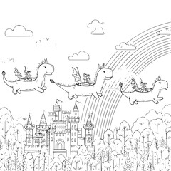 Fototapeta premium Dinosaurs Flying over Castle with Rainbow