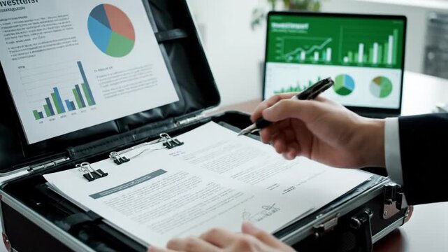 A person analyzes business data on a binder and laptop screens.