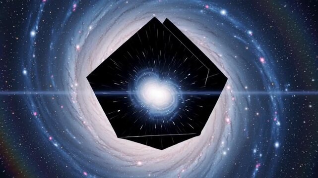 Cube in Space with Swirling Galaxy.