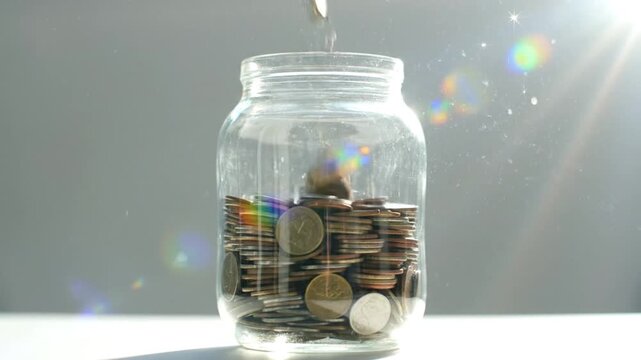 A jar filled with coins on a table with a coin being added.