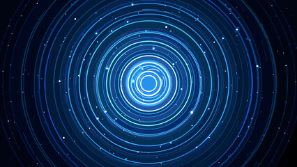Fototapeta premium Abstract blue concentric circles with sparkling lights on a dark background