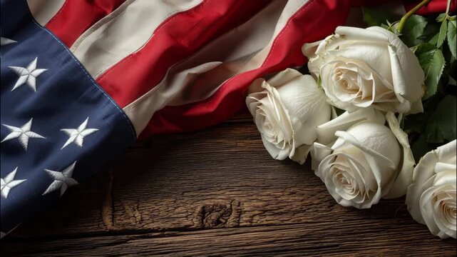 American flag dand white roses on wooden surface, Memorial Day concept