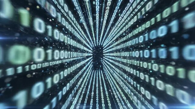 Abstract digital tunnel with binary code, organic textures, and light flares