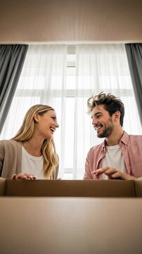 Happy Young Caucasian Couple Opening Sustainable Subscription Box Delivery at Home