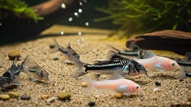 Corydoras Catfish Swimming in Aquarium Sand.