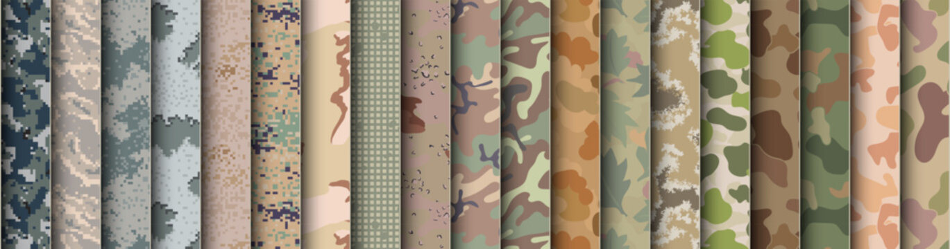 Military camouflage pattern collection with various army soldier uniform textures