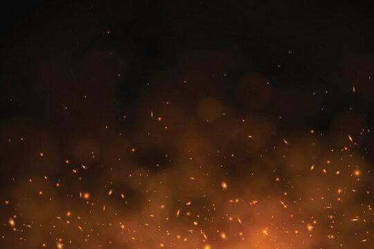 Magical fire particle background with orange glowing sparks and bokeh transparent background