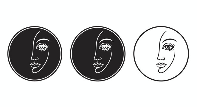 Monochrome circular portrait illustrations of a woman's face in three styles.