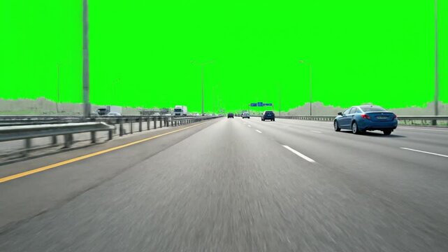 Highway Traffic Green Screen Fast Cars Driving on MultiLane Road for VFX.