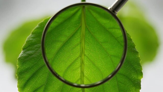 Closeup of green leaf under magnifying glass reveals intricate venation patterns