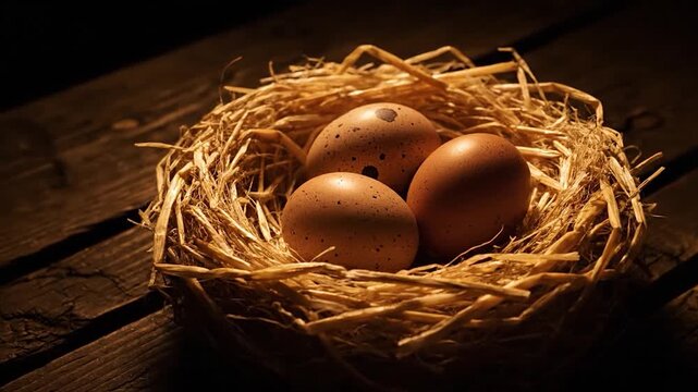 Three Fresh Brown Eggs Nestled in Straw on Rustic Wooden Surface.
