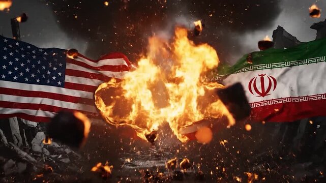 USA vs Iran Conflict Flags Exploding in a Fiery Confrontation.