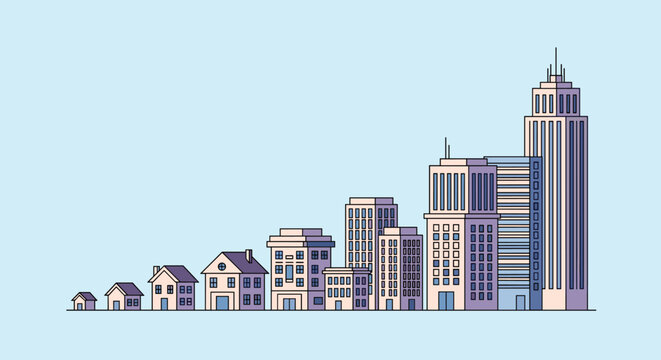 Urban development and growth sequence showing a row of buildings increasing in size from a small house to a modern city skyscraper.