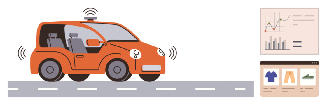 Self-driving technology, e-commerce, data analytics, retail trends, logistics, future innovation. Autonomous car with radar signals, dashboard showing e-commerce and data charts. Self-driving