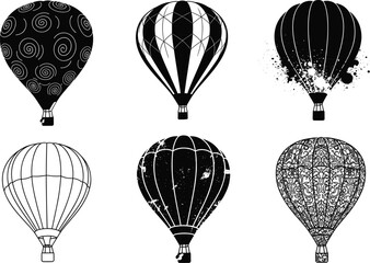 Beautifully detailed hot air balloons in various artistic styles, showcasing different patterns and designs, perfect for creative vector illustrations and travel themes. © Minara Art
