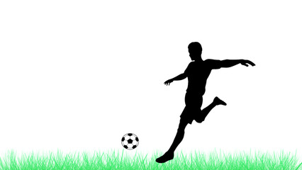 Obraz premium Silhouette of a male soccer player kicking a ball on a green grass field isolated on white background.