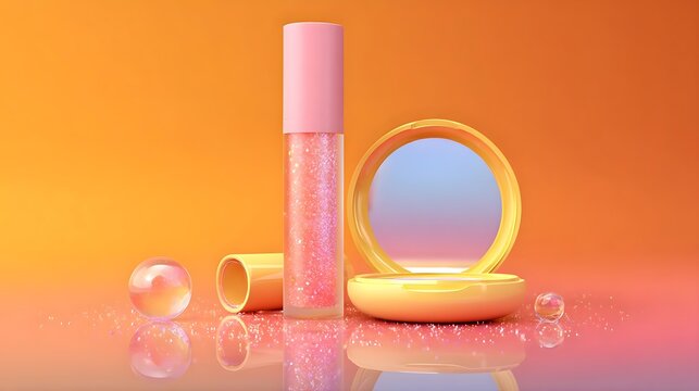 Glittery pink lip gloss tube with open compact mirror on orange background