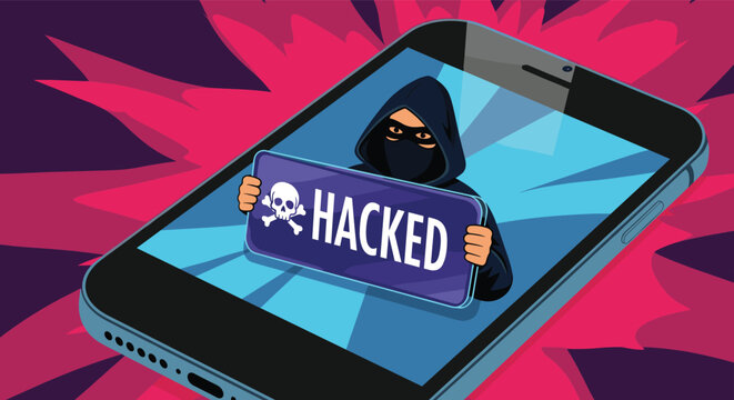 Cyber security threat concept showing a hacker in a hoodie holding a hacked sign on a smartphone screen with a purple splash background.