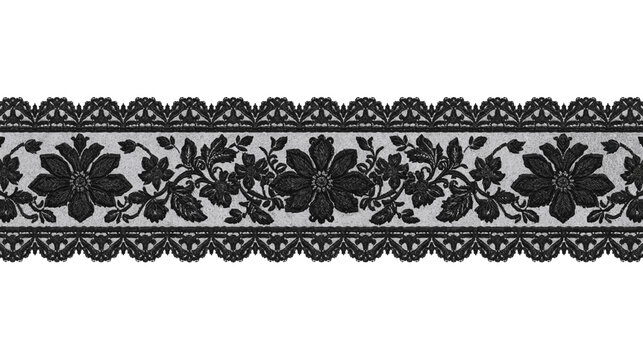 Elegant black lace border with intricate floral patterns on a white background, perfect for design elements.