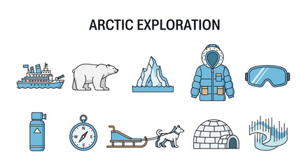 Arctic exploration icons featuring a ship polar bear iceberg parka goggles and more © Kenywanch