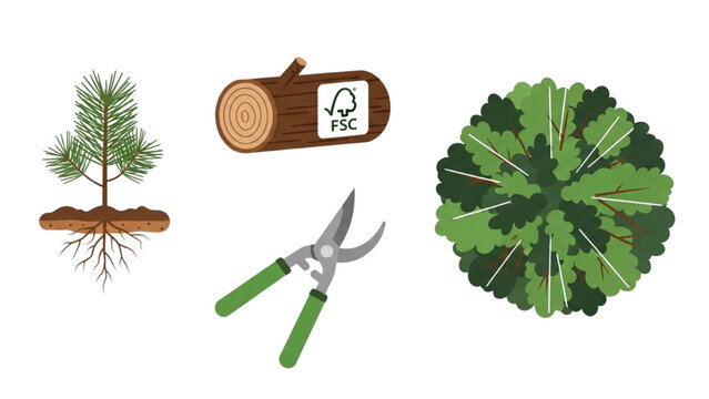 Sustainable Forestry Icon Set: Pine Tree Seedling, FSC Certified Log, Pruning Shears and Forest Canopy, Reforestation Vector Line Art for Wood Industry